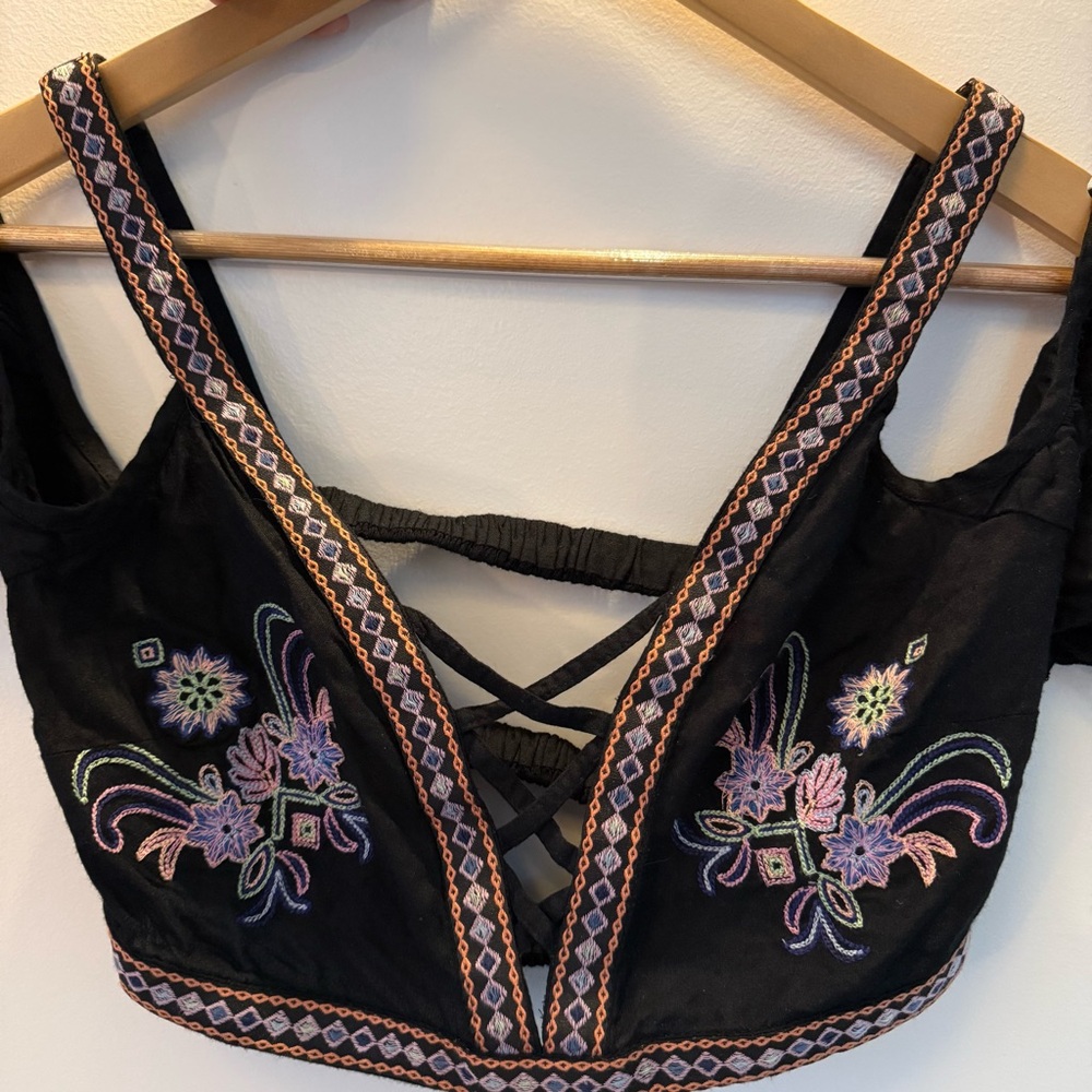 Black Embroidered Crop Top with Pastel Floral Detailing
